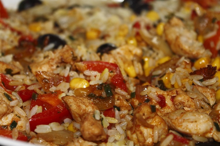 Chicken Recipe - Chicken Paella Stir-Fry with Rice, Corn and Peppers